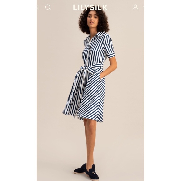Lilysilk Chic Striped Midi Shirt Dress in Navy Blue and White 100% silk - Size L - Picture 1 of 15
